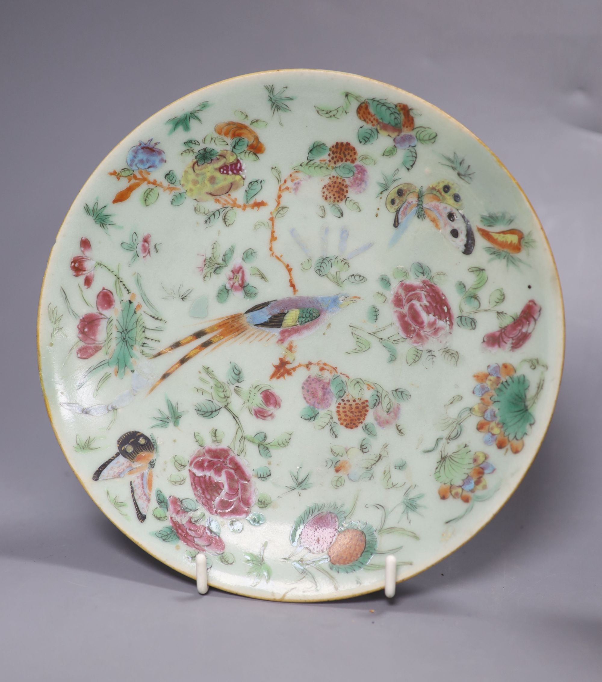 A pair of Cantonese celadon ground dishes, painted with birds and flowers, diameter 19cm, and a pair of Satsuma vases